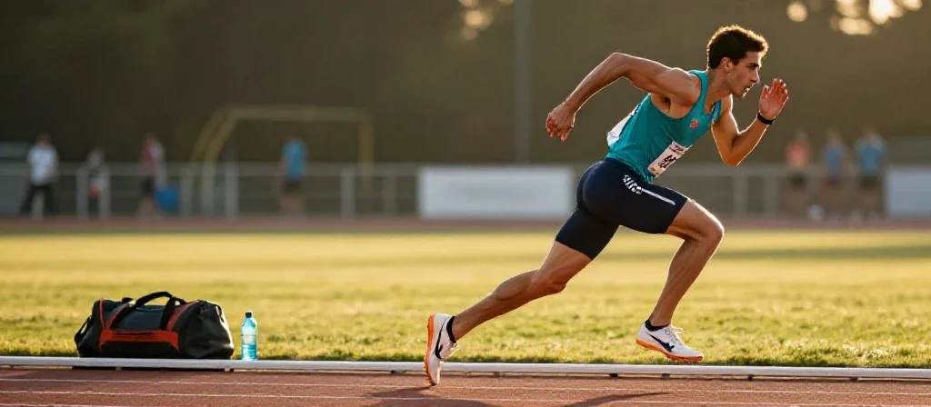 Atleta español de complexión atlética corriendo en una pista profesional para informar sobre actualidad deportiva.