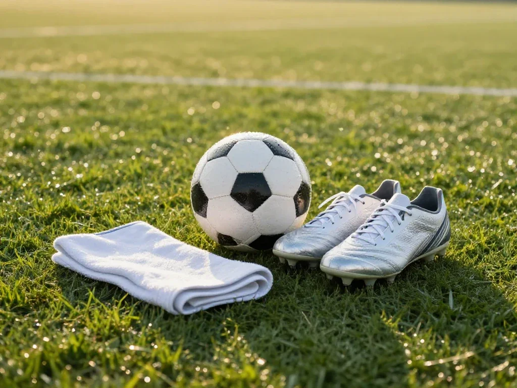 Balón y zapatillas sobre el césped natural representando la historia del deporte profesional.