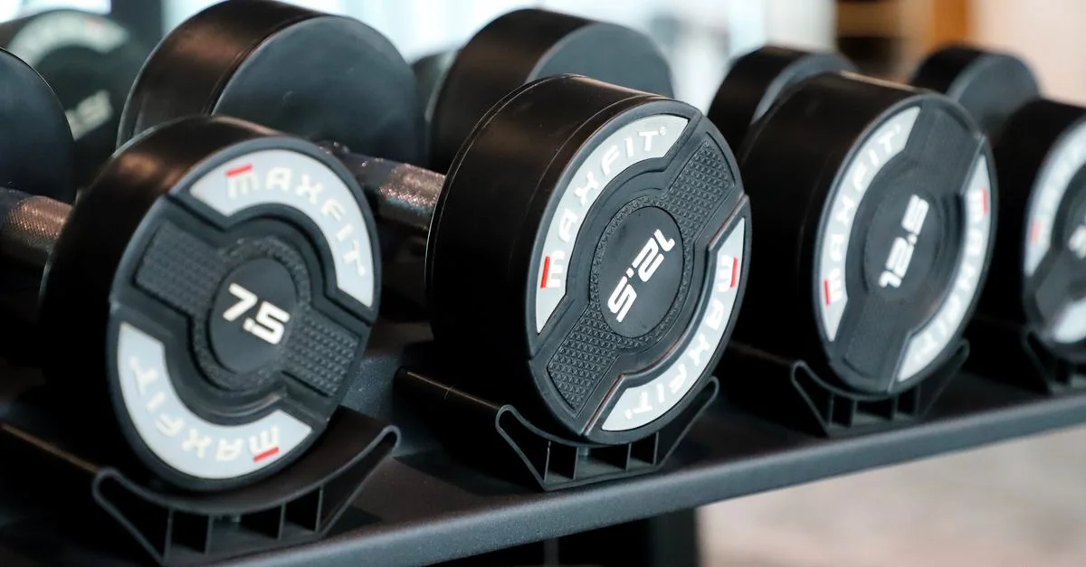Imagen de alta calidad de varias mancuernas cuidadosamente colocadas en un estante en un gimnasio contemporáneo.