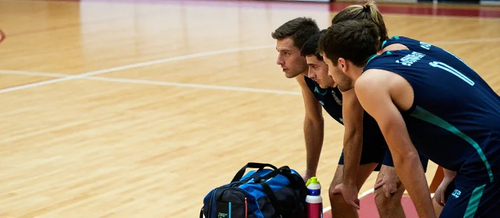 Tres deportistas españoles en círculo coordinando tácticas de equipo en una pista polideportiva.