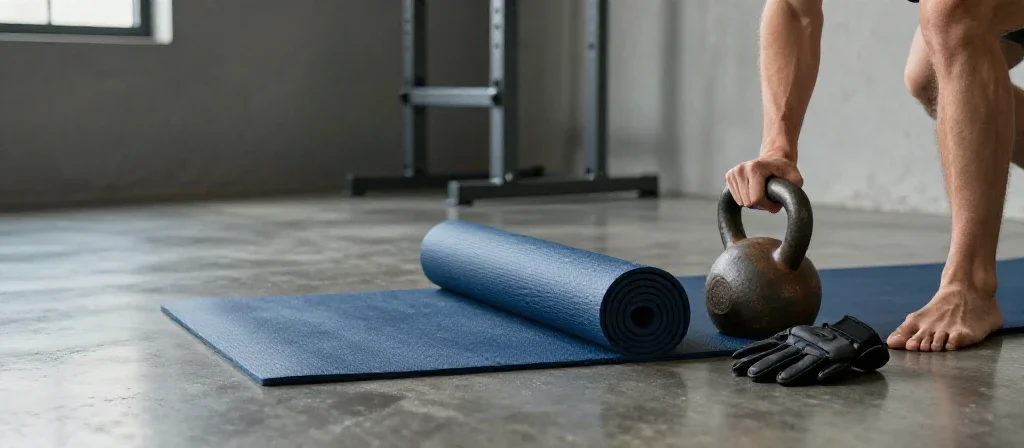 Equipamiento deportivo profesional dispuesto en un gimnasio moderno para representar la preparación física integral.