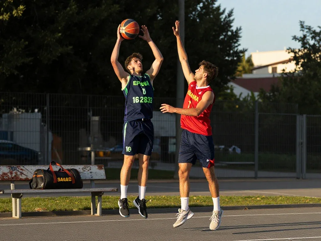 Jugadores de baloncesto españoles compitiendo intensamente en una cancha urbana durante el atardecer dorado.