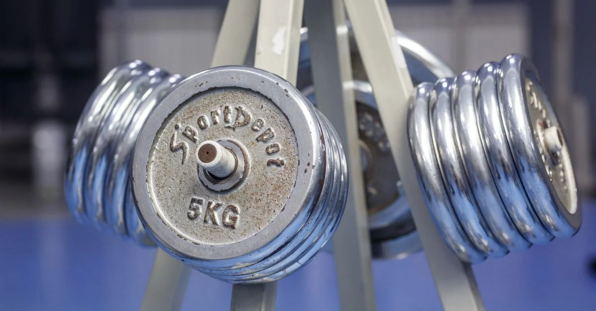 Primer plano de mancuernas cromadas en un estante de gimnasio mostrando pesos de 5kg.